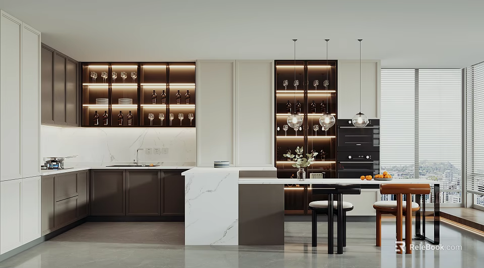 Modern Kitchen Interior Design With Dark Cabinets Marble Island Built In Shelves And Pendant Lights 3d model 