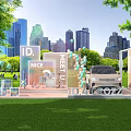 Outdoor Car Display Stage With Balloons Number Signs And Grass Background Decorations