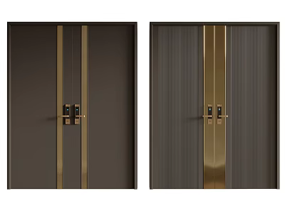 Modern Dark Double Doors With Gold Accents And Smooth Vertical Stripe Panels 3d model
