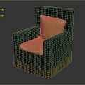 Green Woven Single Sofa With Orange Cushions And Distressed Brown Base