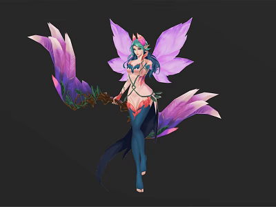 Fairy Character With Purple Pink Wings Blue Hair Floral Staff And Fox Tail Decorative Outfit 3d model