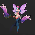 Fairy Character With Purple Pink Wings Blue Hair Floral Staff And Fox Tail Decorative Outfit