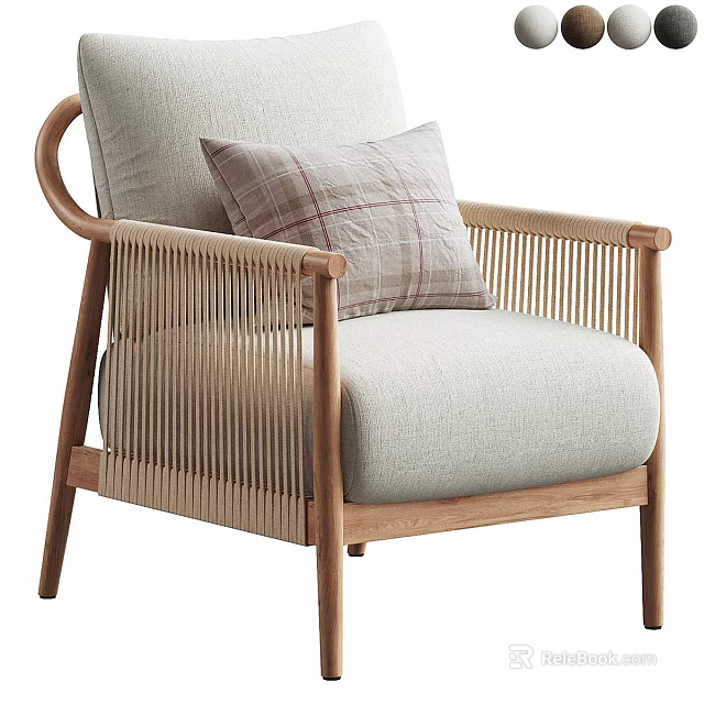 Modern Accent Chair With Wooden Frame Rattan Sides Light Gray Seat And Plaid Pillow 3d model 
