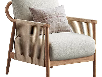 Modern Accent Chair With Wooden Frame Rattan Sides Light Gray Seat And Plaid Pillow 3d model