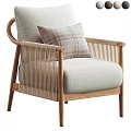 Modern Accent Chair With Wooden Frame Rattan Sides Light Gray Seat And Plaid Pillow