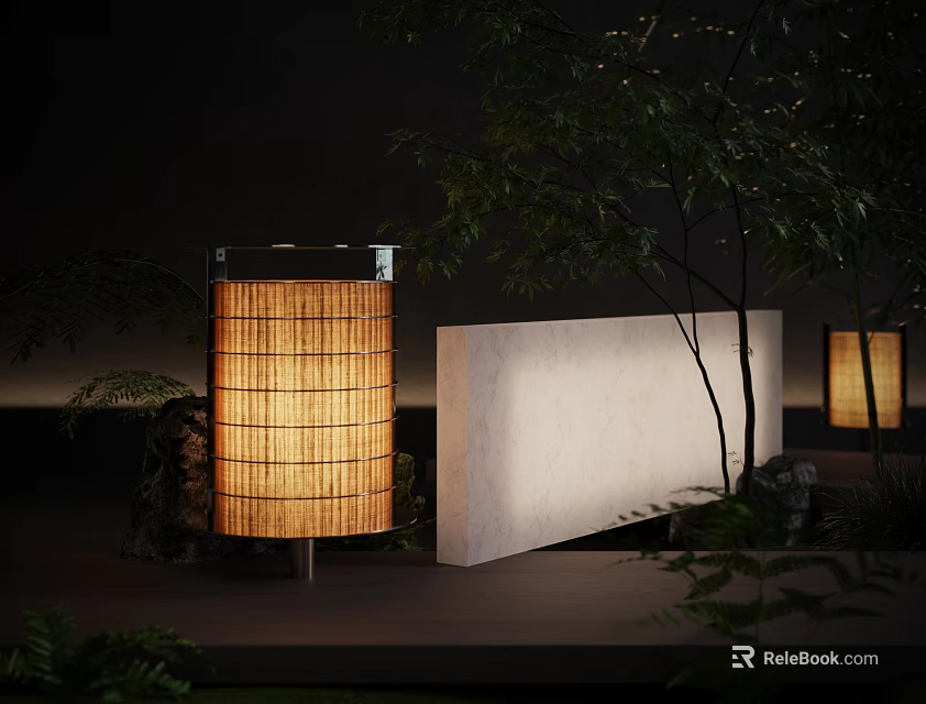 Rattan Woven Floor Lamp In Outdoor Space With Greenery And Stone 3d model 