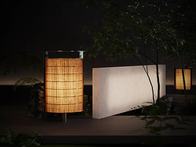 Rattan Woven Floor Lamp In Outdoor Space With Greenery And Stone 3d model