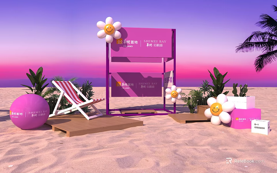 Luxury Day Beach Setup With Giant Flower Decor Striped Chair And Purple Display Elements 3d model 