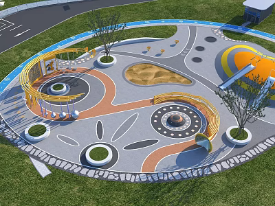 Colorful Circular Children's Playground With Spiral Structure Sandpit Pavement And Trees 3d model
