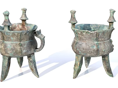 Ancient Bronze Vessels with Three Legs Handles Decorative Tops and Carved Patterns 3d model