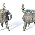 Ancient Bronze Vessels with Three Legs Handles Decorative Tops and Carved Patterns