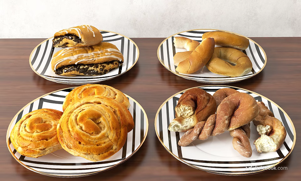 Delicious Assorted Bread Pastries on Black and White Striped Gold Rimmed Plates on Wooden Table 3d model 