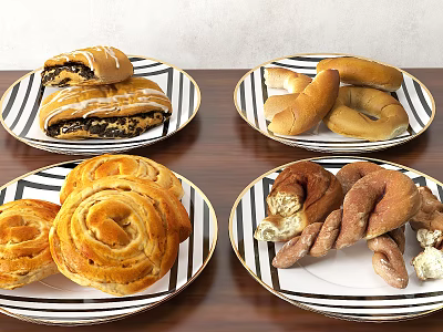 Delicious Assorted Bread Pastries on Black and White Striped Gold Rimmed Plates on Wooden Table 3d model