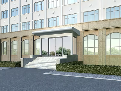 Modern Building Main Entrance With Glass Doors Covered Awning Stone Steps And Landscaped Greenery 3d model