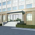 Modern Building Main Entrance With Glass Doors Covered Awning Stone Steps And Landscaped Greenery