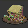 Wooden Market Stall With Canvas Roof And Colorful Fruits In Containers
