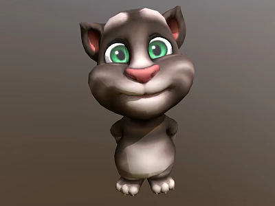 Friendly Cartoon Talking Cat Character With Big Green Eyes And Gray White Fur Standing 3d model