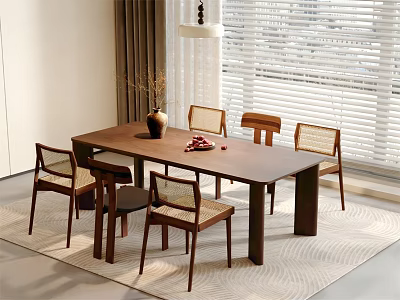 Modern Wooden Dining Table Set With Chairs Vase Fruits And Window Rug 3d model