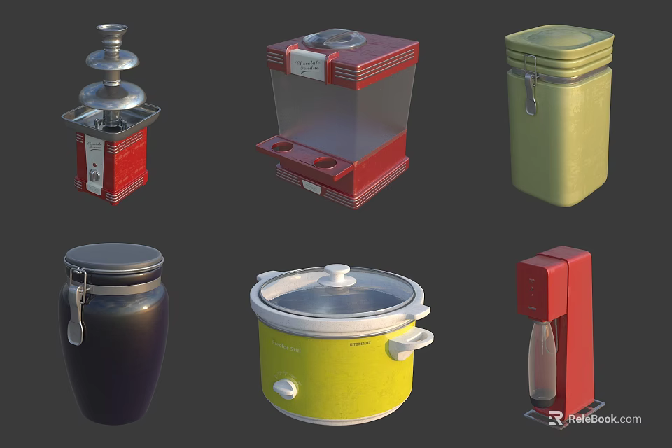 Vibrant Kitchenware Collection With Red Appliances Green Jars Yellow Pot and Black Containers 3d model 