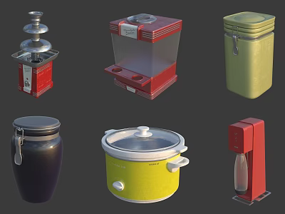 Vibrant Kitchenware Collection With Red Appliances Green Jars Yellow Pot and Black Containers 3d model
