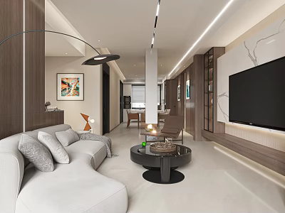 Modern Living and Dining Room Interior With Light Gray Sofa And Wooden Elements 3d model