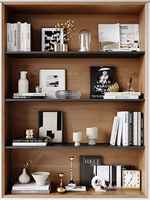 Decorative Ornaments And Accessories On Wooden Shelf With Vase Picture Frame Books And Candle Holders 3d model 