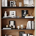 Decorative Ornaments And Accessories On Wooden Shelf With Vase Picture Frame Books And Candle Holders