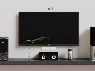 80 Inch Wall Mounted Flat Screen TV With Fern Plant And Surround Speakers 3d model