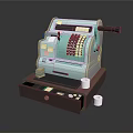 Vintage Light Blue Green Cash Register With Wooden Drawer Coins Bills And White Cups