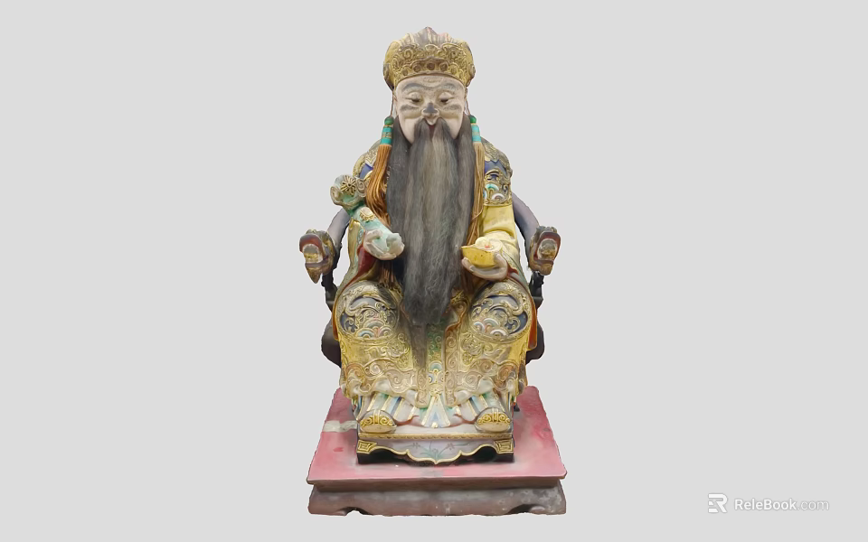 Traditional Chinese Figure Sculpture Carving With Ornate Robes Long Beard Golden Crown And Red Base 3d model 