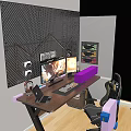 Gaming Desk With Wooden Top Dual Monitors Keyboard Mouse Laptop Headphones And LED Strip Lights