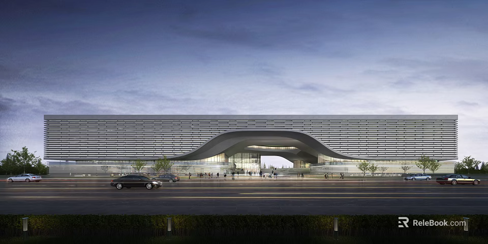 Modern Cultural Center Architectural Exterior Design With Curved Facade And Glass Entrance 3d model 