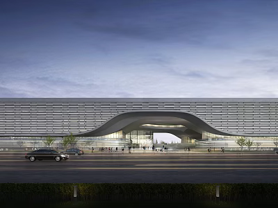 Modern Cultural Center Architectural Exterior Design With Curved Facade And Glass Entrance 3d model