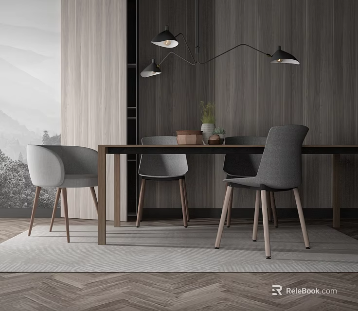 Modern Minimalist Dining Table Set With Gray Chairs And Pendant Lights 3d model