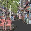 Bustling Shopping Street Featuring Shops Trees And Scooter On City Road