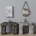 Dual Stone Sink Vanities With Square And Round Mirrors On Gray Wall 3d model