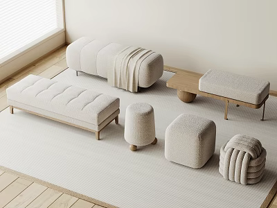 Beige Soft Upholstered Ottoman Collection With Various Shapes And Wooden Legs In Minimalist Room 3d model