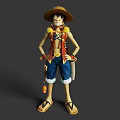 Anime Character With Straw Hat Red Vest Blue Shorts Yellow Trim And Sandals