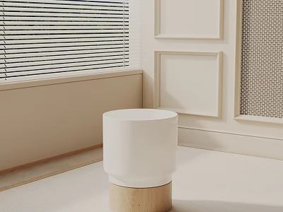 Modern White Side Table with Wooden Base in Light Colored Room Corner Near Window Blinds 3d model