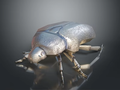 Metallic Silver Beetle Figurine With Water Droplets On Smooth Black Surface Showing Reflective Base Details 3d model