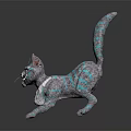 Game Movie Character Striped Cat with Blue Green Striped Fur Green Eyes and Pink Ears