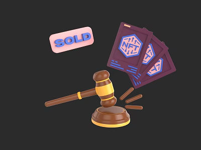 NFT Auction Scene Featuring Sold Sign Gavel And Digital Collectible Cards 3d model