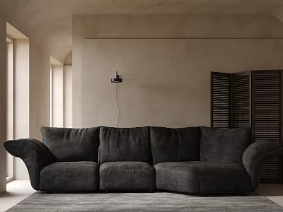 Modern Black Large Sofa Interior With Beige Walls Natural Light And Slatted Doors 3d model