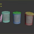 Silver Striped Stainless Steel Trash Cans with Open Lid for Household Supplies on Reflective Surface