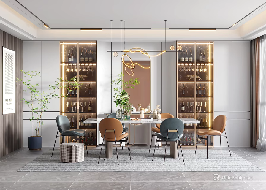 Elegant Modern Restaurant Interior Featuring Dining Table Chairs Wine Cabinets Pendant Lights And Green Plants 3d model 
