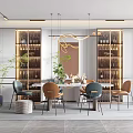 Elegant Modern Restaurant Interior Featuring Dining Table Chairs Wine Cabinets Pendant Lights And Green Plants