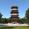 Traditional Five Tiered Chinese Pagoda With Golden Spire Surrounded By Green Trees And Grass