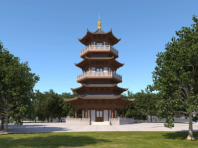 Traditional Five Tiered Chinese Pagoda With Golden Spire Surrounded By Green Trees And Grass 3d model