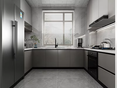 Modern Kitchen Interior With Gray Cabinets Stainless Steel Refrigerator Countertop And Appliances 3d model