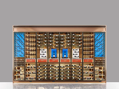 Elegant Modern Wine Cabinet With Wooden Frame Glass Doors And Blue Decorative Panels 3d model